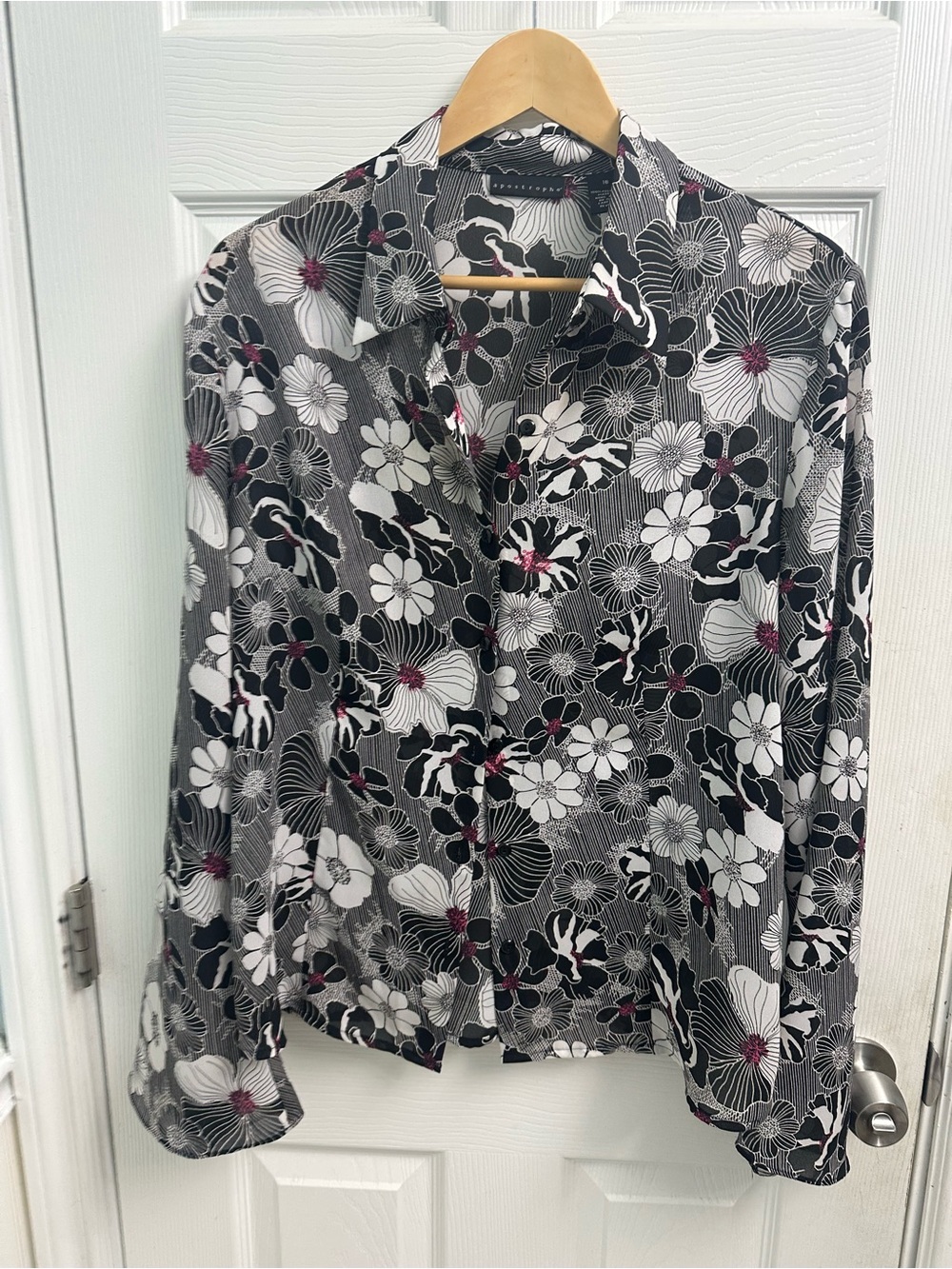 Apostrophe Black and White Floral Blouse with Pink Detail